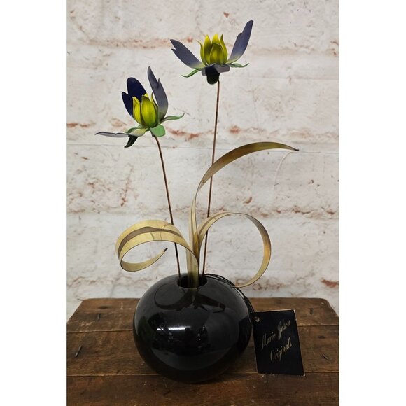 11" Vintage Marie Jaxon Originals Metal Flower Arrangement In Black Vase - Picture 1 of 11